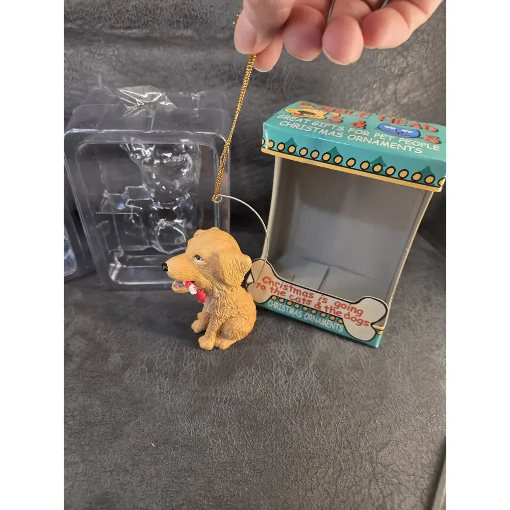 Vintage Cavanagh Bobble Head Christmas Ornaments - Golden Retriever & Tabby Cat